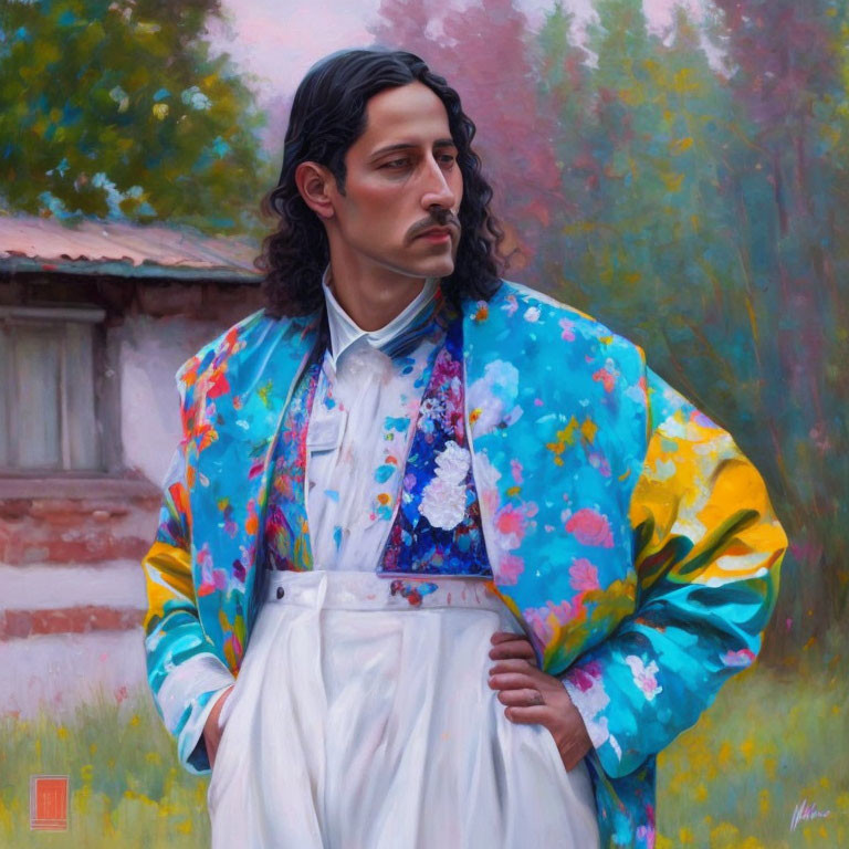 Man with Mustache in Colorful Floral Jacket and White Pants Stands Confidently in Natural Setting