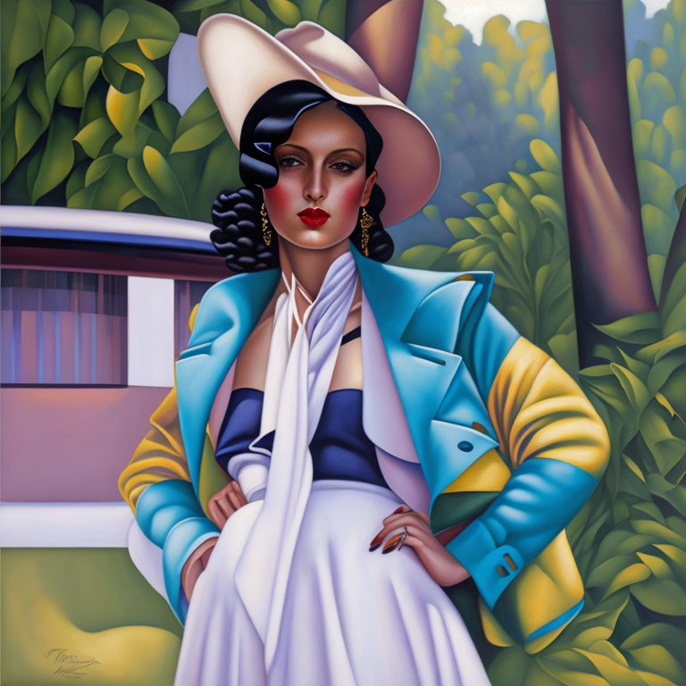 Stylized portrait of woman with white hat and blue jacket against green foliage