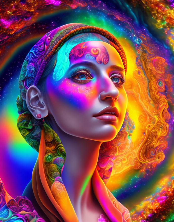 Colorful digital portrait of a woman merging with cosmic space nebula.