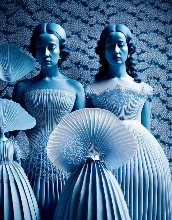 Statuesque figures in blue dresses with fans on patterned backdrop