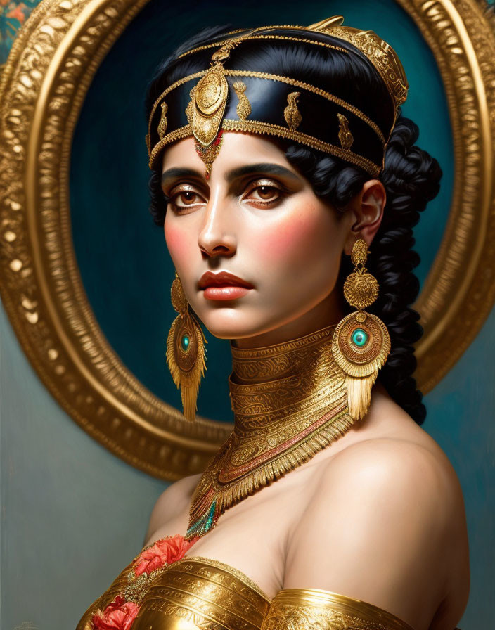 Illustrated woman with gold headdress and jewelry in regal attire and braided hair.