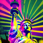 Colorful Pop Art Style Statue of Liberty Illustration on Striped Background