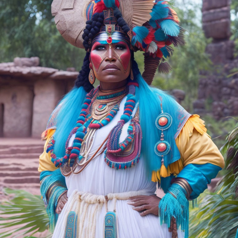 Elaborate indigenous-inspired attire with vibrant blue hair and face paint