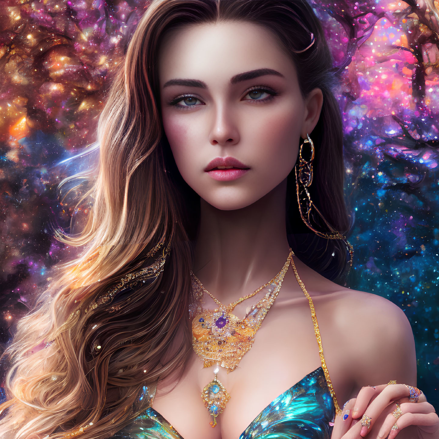 Striking blue-eyed woman with long wavy hair in cosmic setting with ornate jewelry
