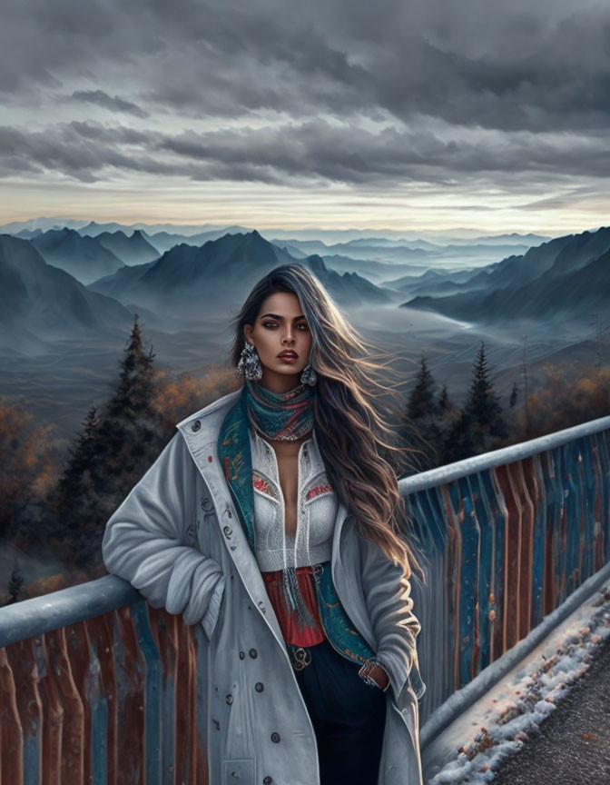 Woman in mountain landscape with dramatic clouds and misty valley