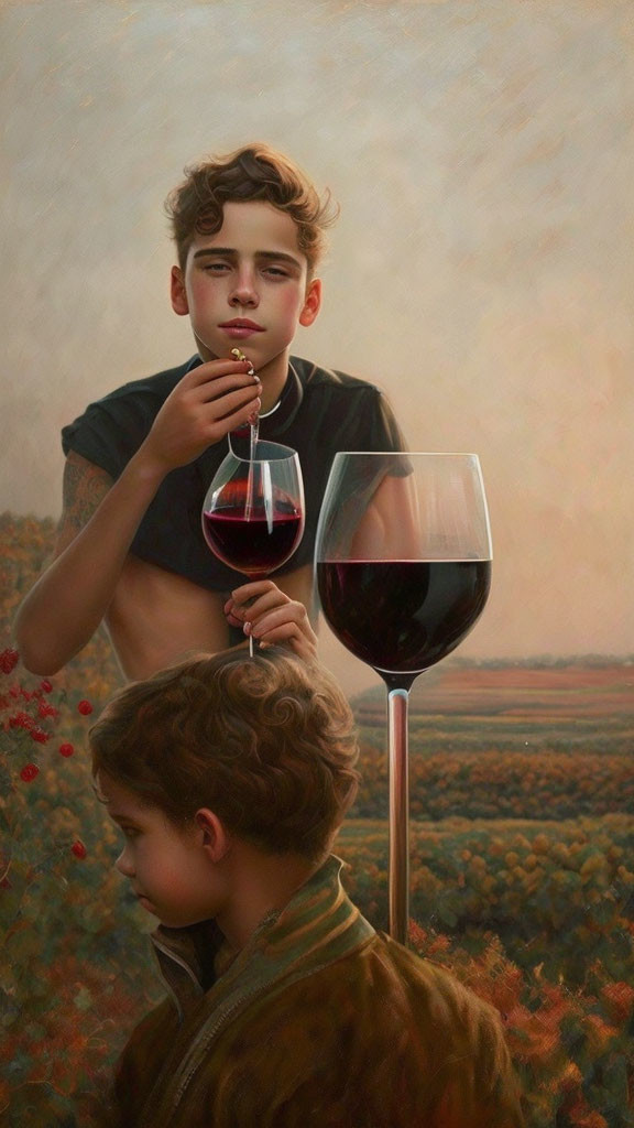 Young person holding blackberry and oversized wine glass in pastoral setting