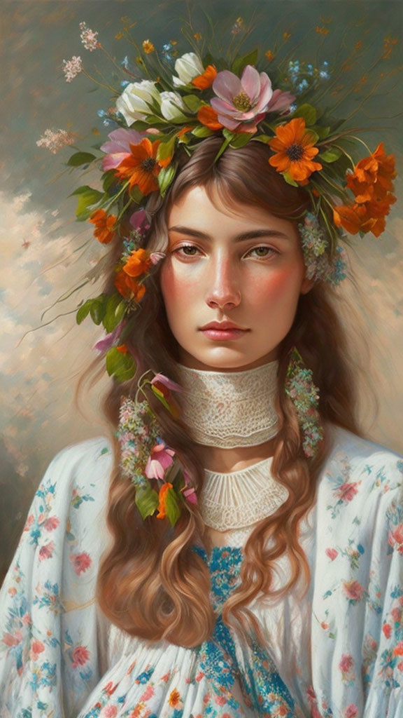 Serene woman portrait with floral crown and lace collar on soft background