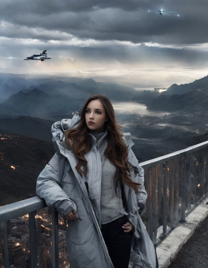 Woman in Gray Coat on Bridge with Dramatic Mountainous Landscape and Futuristic Aircrafts