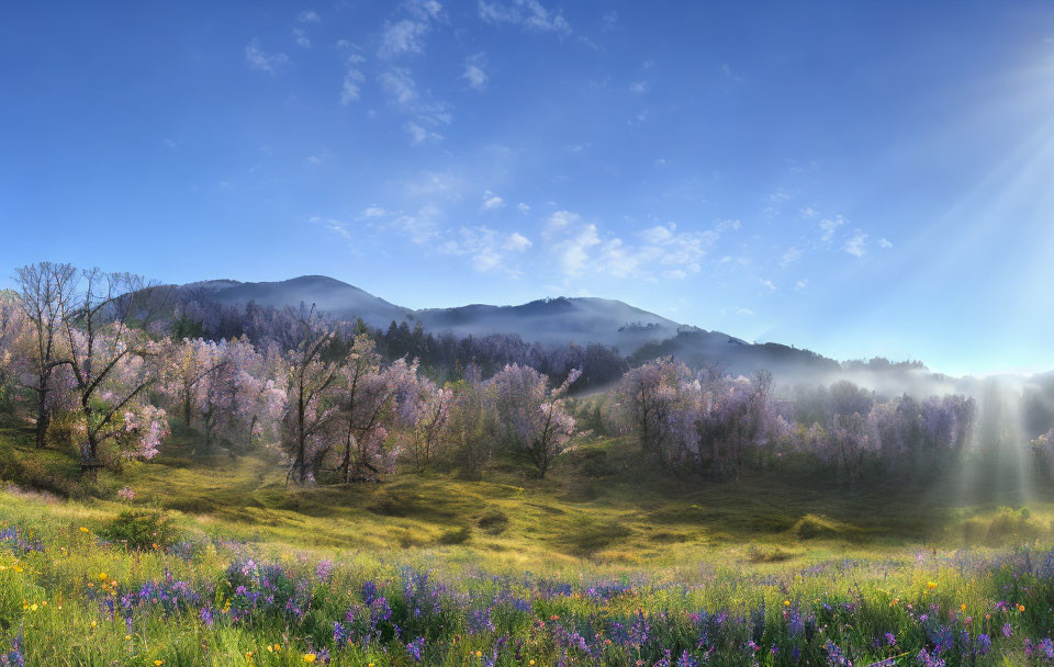 Tranquil cherry blossom and wildflower landscape with misty mountains
