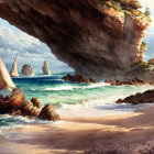 Tranquil beach scene with sailboat, cliffs, and rock formations