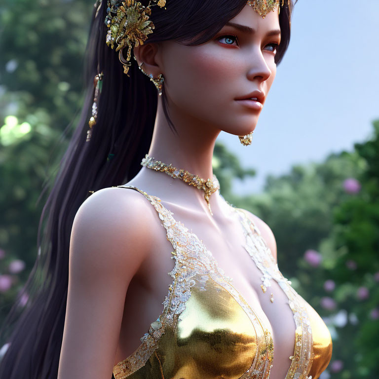 Close-Up 3D-Rendered Female Character in Golden Dress and Jewelry