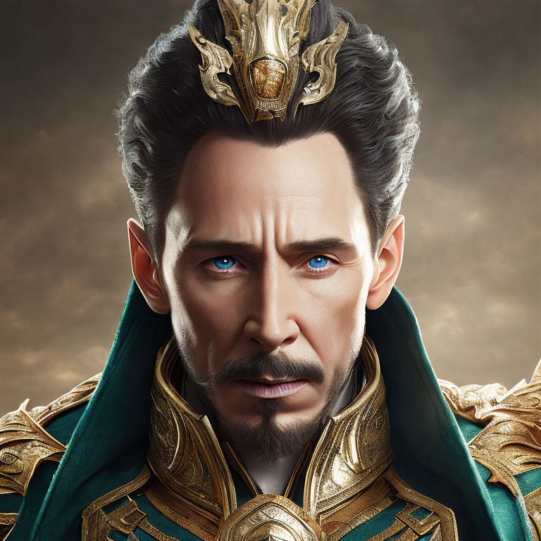 Regal figure with golden crown and armor, piercing blue eyes, groomed beard.