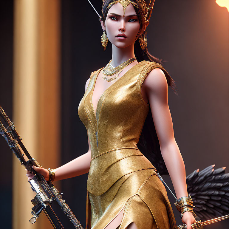 3D-rendered female warrior in golden armor with bow and dark wings