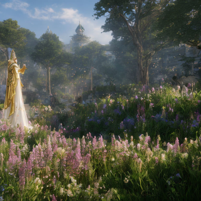 Person in golden robe walks through sunlit glade with lavender flowers, fireflies, and castle.