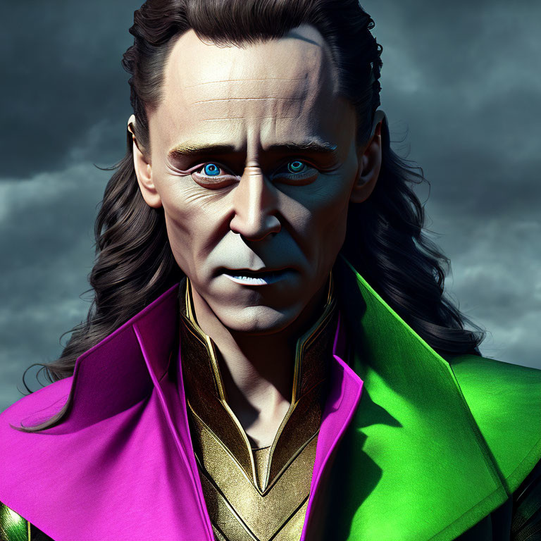 Detailed digital portrait of character with blue eyes, black hair, green & gold costume with purple cape