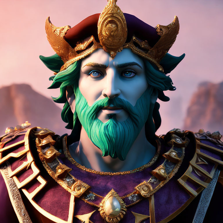 Regal character with green beard and golden crown in ornate armor against mountain backdrop