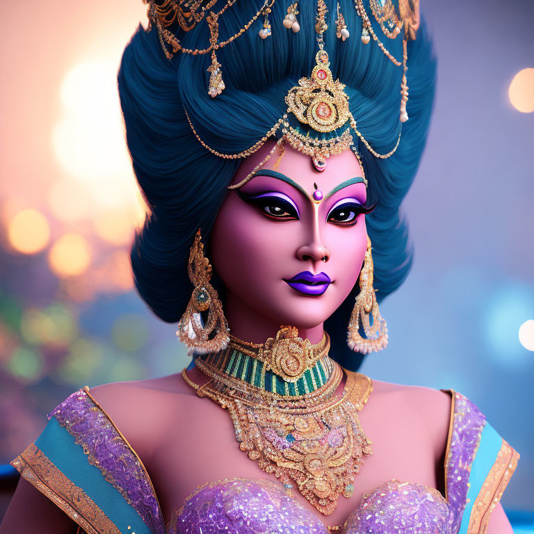 Blue-skinned woman with golden jewelry in animated image