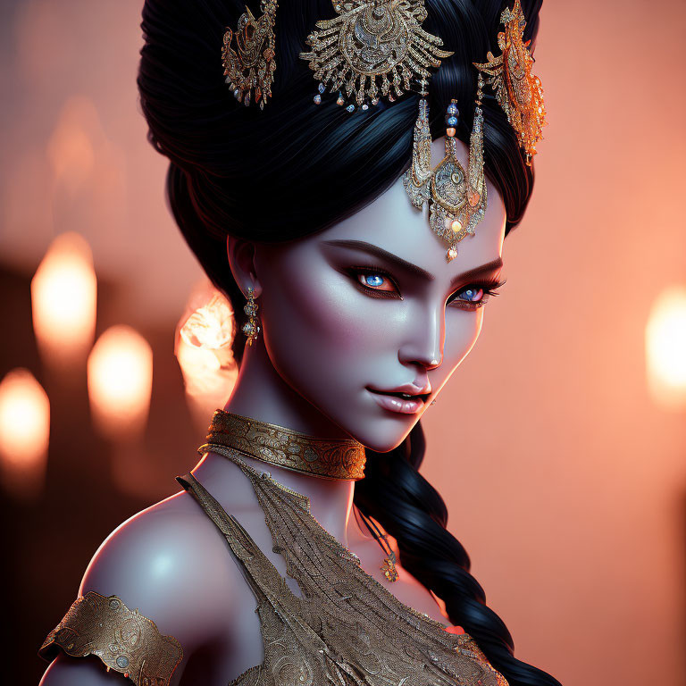 Digital artwork of a female character with blue eyes and golden headpieces in a warm setting