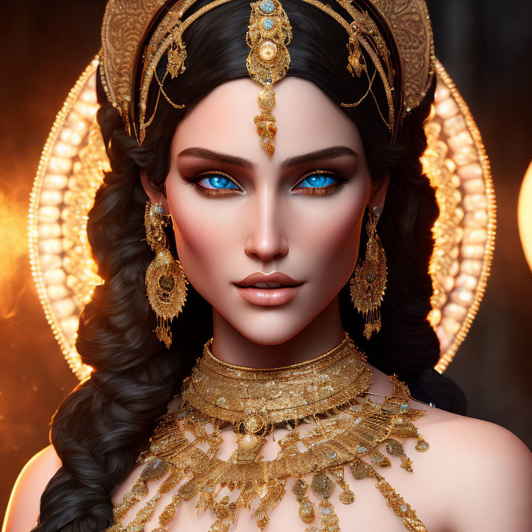 Woman with Striking Blue Eyes in Ornate Gold Jewelry and Headdress