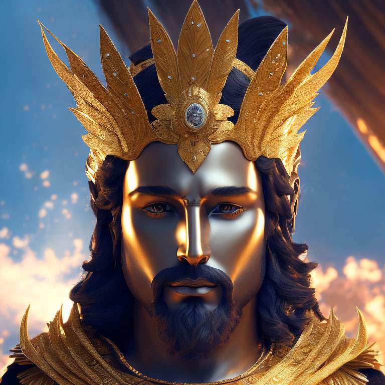 Digital artwork of a man in golden crown and armor against blue sky with intricate designs.