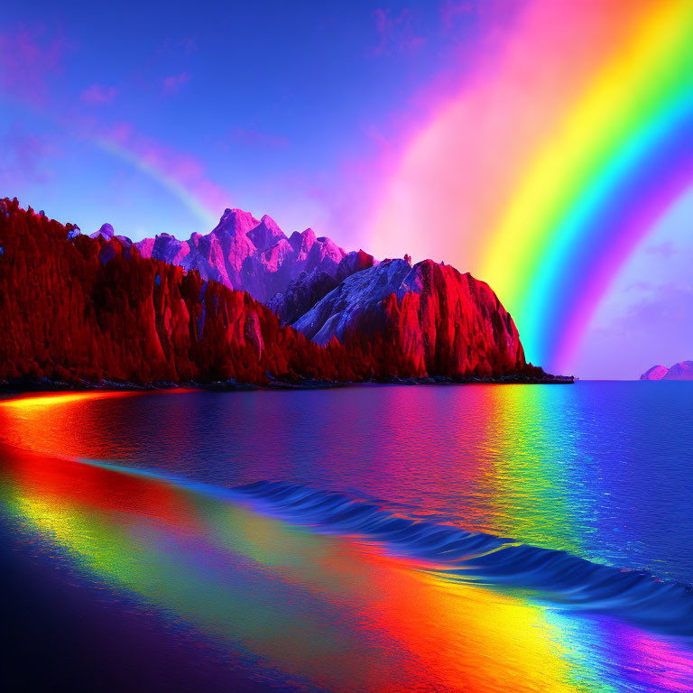 Colorful Rainbow Over Snowy Mountain Coastline at Twilight