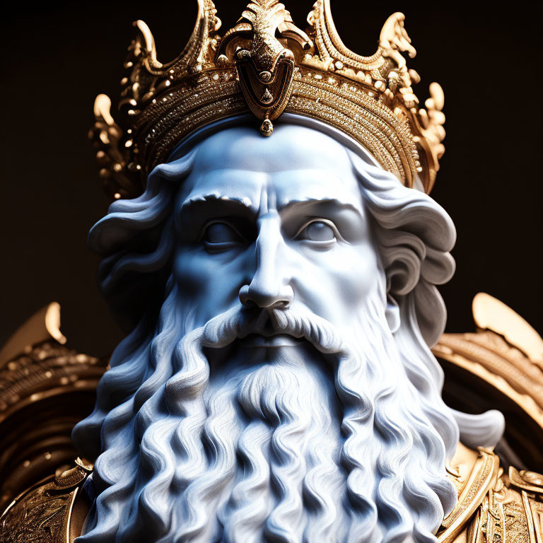 Regal figure bust with golden crown and blue skin