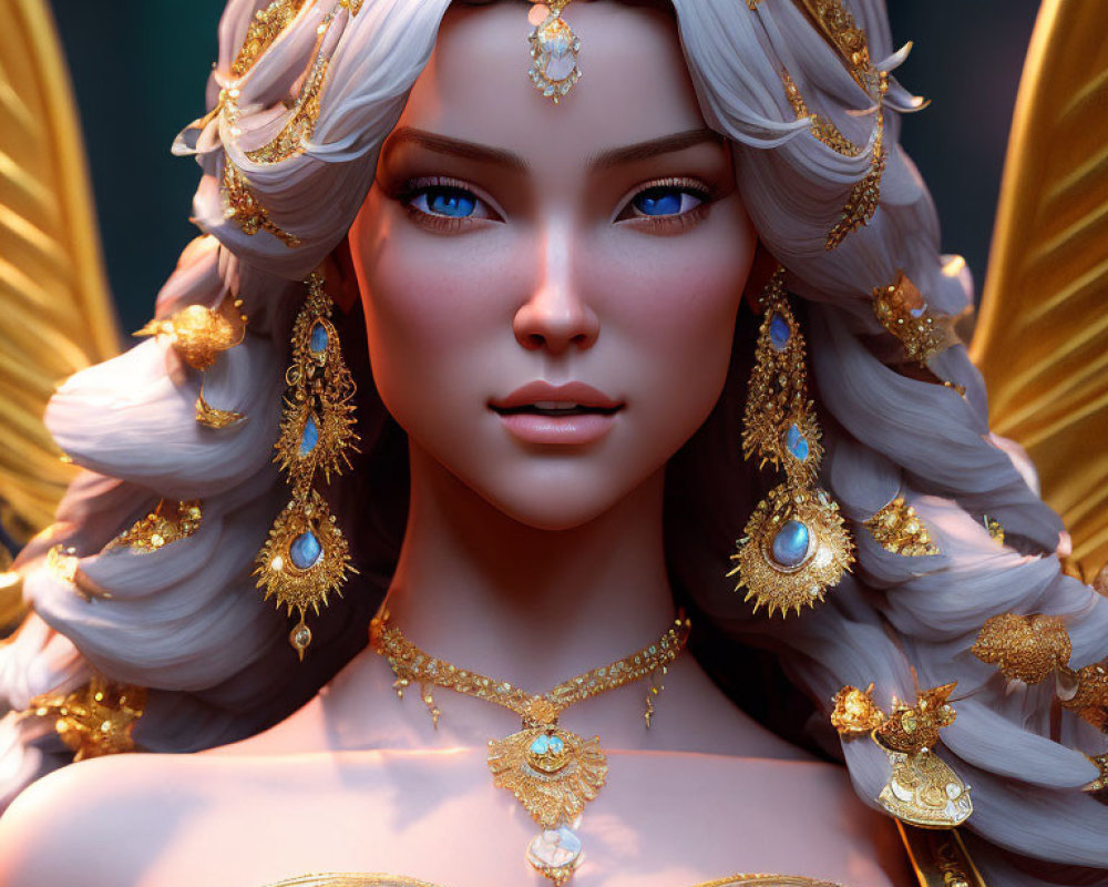 Detailed 3D illustration of female character with blue eyes, ornate golden jewelry, and elaborate white