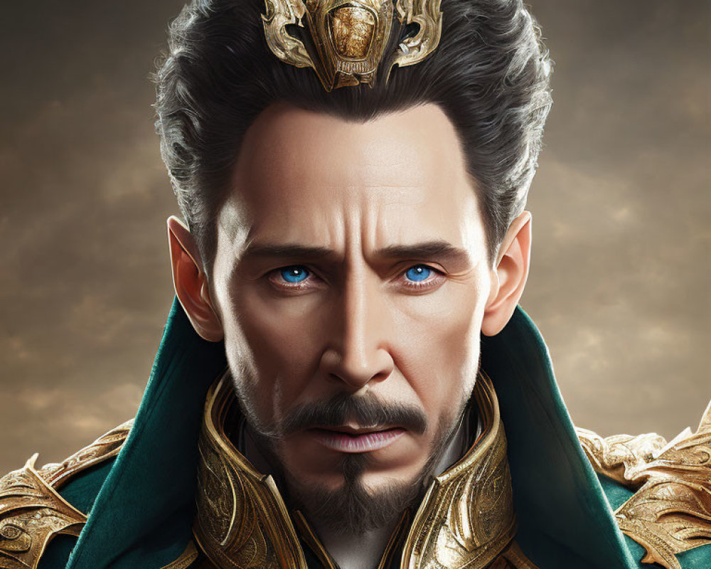 Regal figure with golden crown and armor, piercing blue eyes, groomed beard.