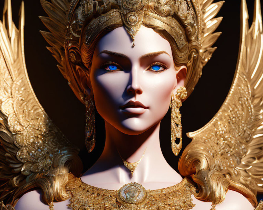Regal figure in golden armor with crown and winged shoulder pieces on dark background