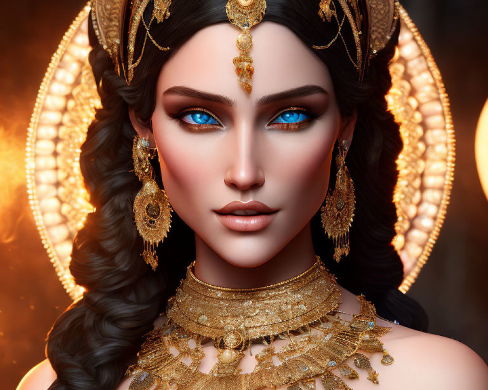 Woman with Striking Blue Eyes in Ornate Gold Jewelry and Headdress