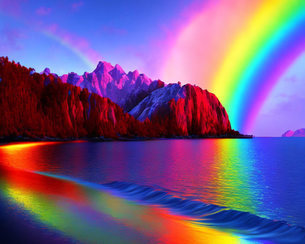 Colorful Rainbow Over Snowy Mountain Coastline at Twilight