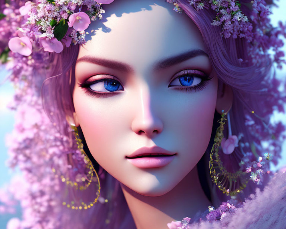 Woman with Striking Blue Eyes and Floral Crown Among Pink Blossoms