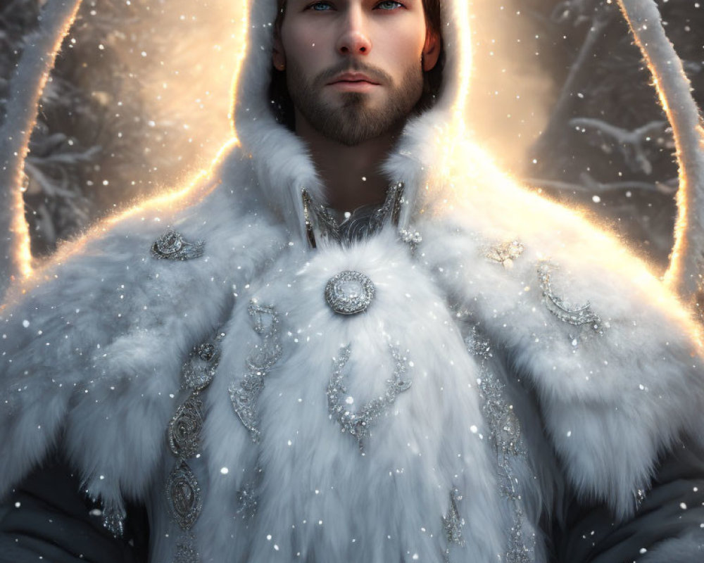 Man in White Fur Cloak with Silver Detailing in Golden Aura on Snowy Background