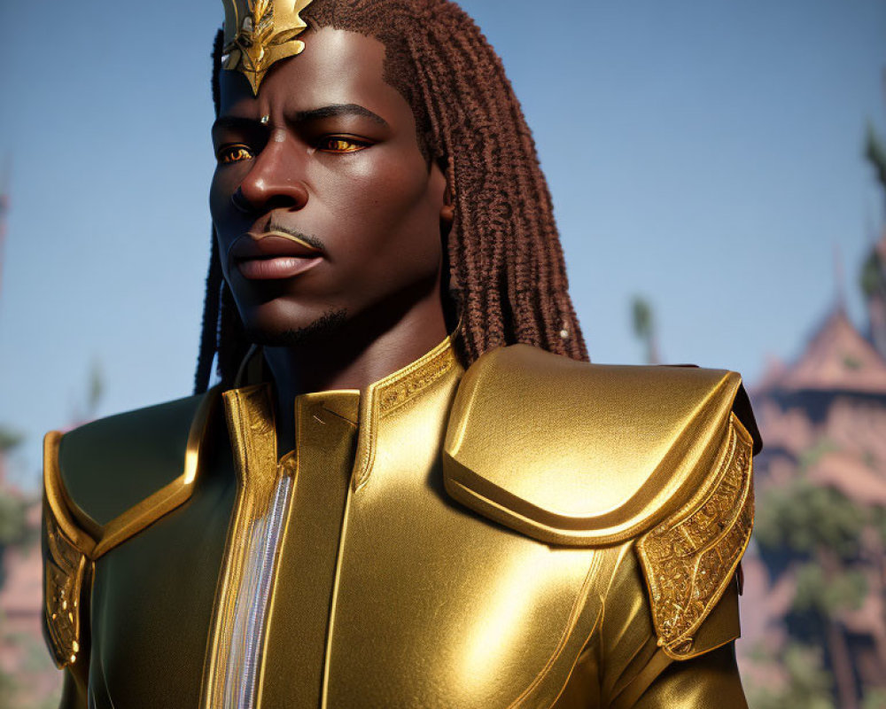 Golden-armored man with crown in 3D render against blurred natural backdrop