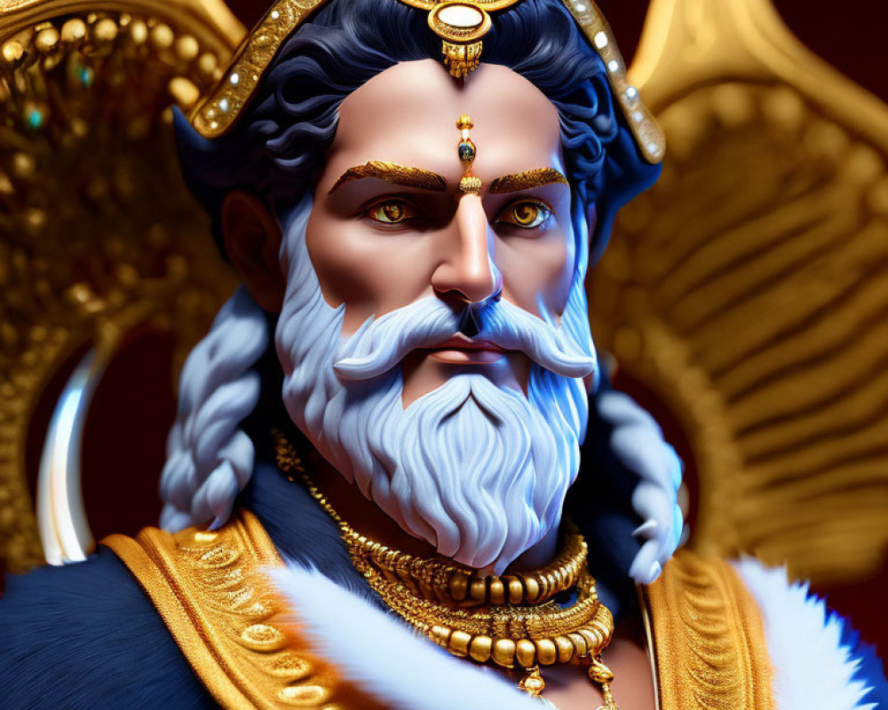 Majestic digital artwork of figure with blue beard and golden crown