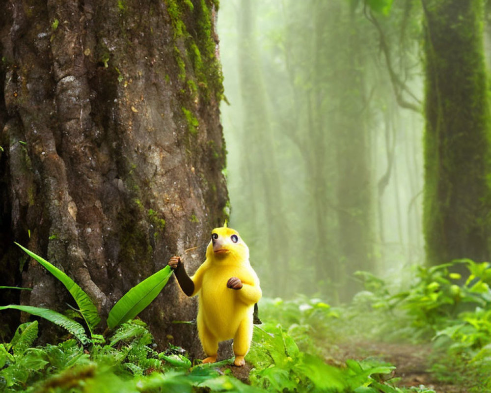 Yellow animated creature in misty forest with leaf, towering trees.