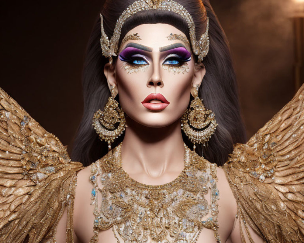 Person with dramatic makeup and opulent headdress in golden winged attire