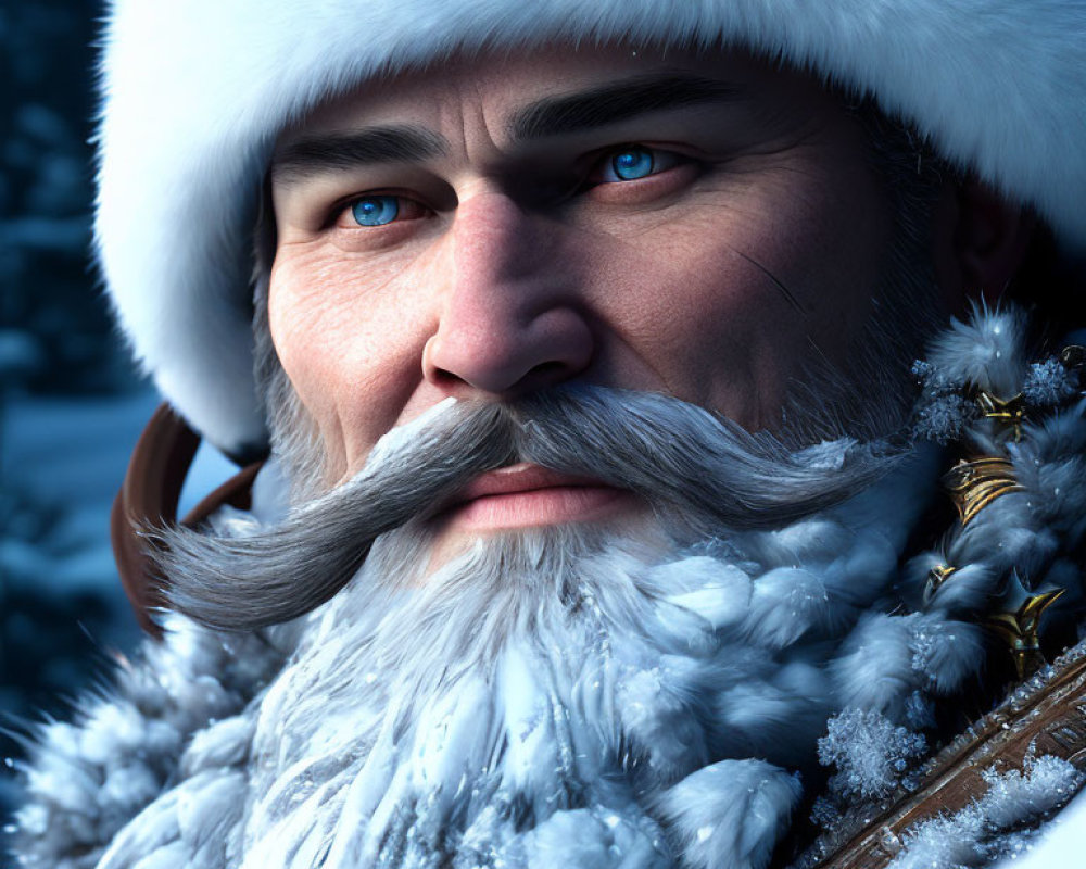 Detailed close-up of person with white fur hat, frost-covered beard, intense blue eyes, and snow