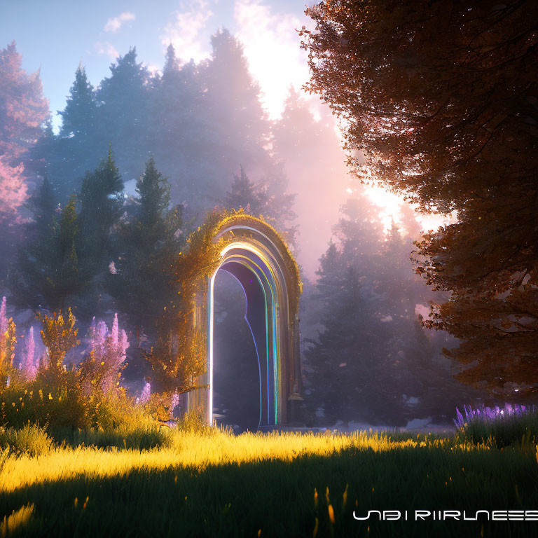Golden archway in sunlit forest clearing with ethereal lights and mist.