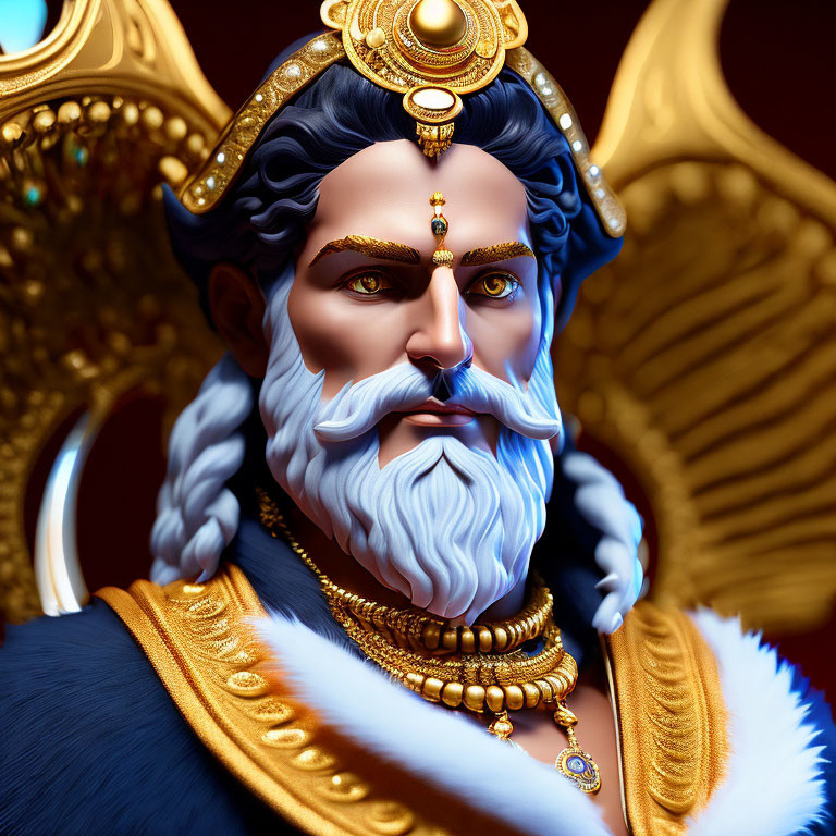 Majestic digital artwork of figure with blue beard and golden crown