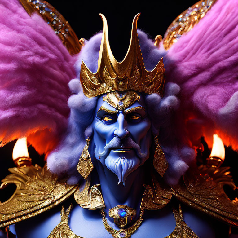 Mystical character with blue skin, golden armor, and regal gaze
