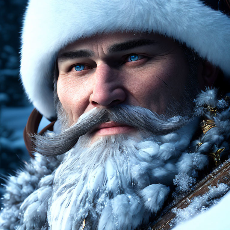 Detailed close-up of person with white fur hat, frost-covered beard, intense blue eyes, and snow