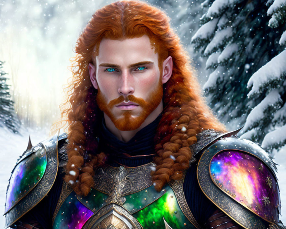 Fantasy male character with red hair and cosmic armor in snowy forest