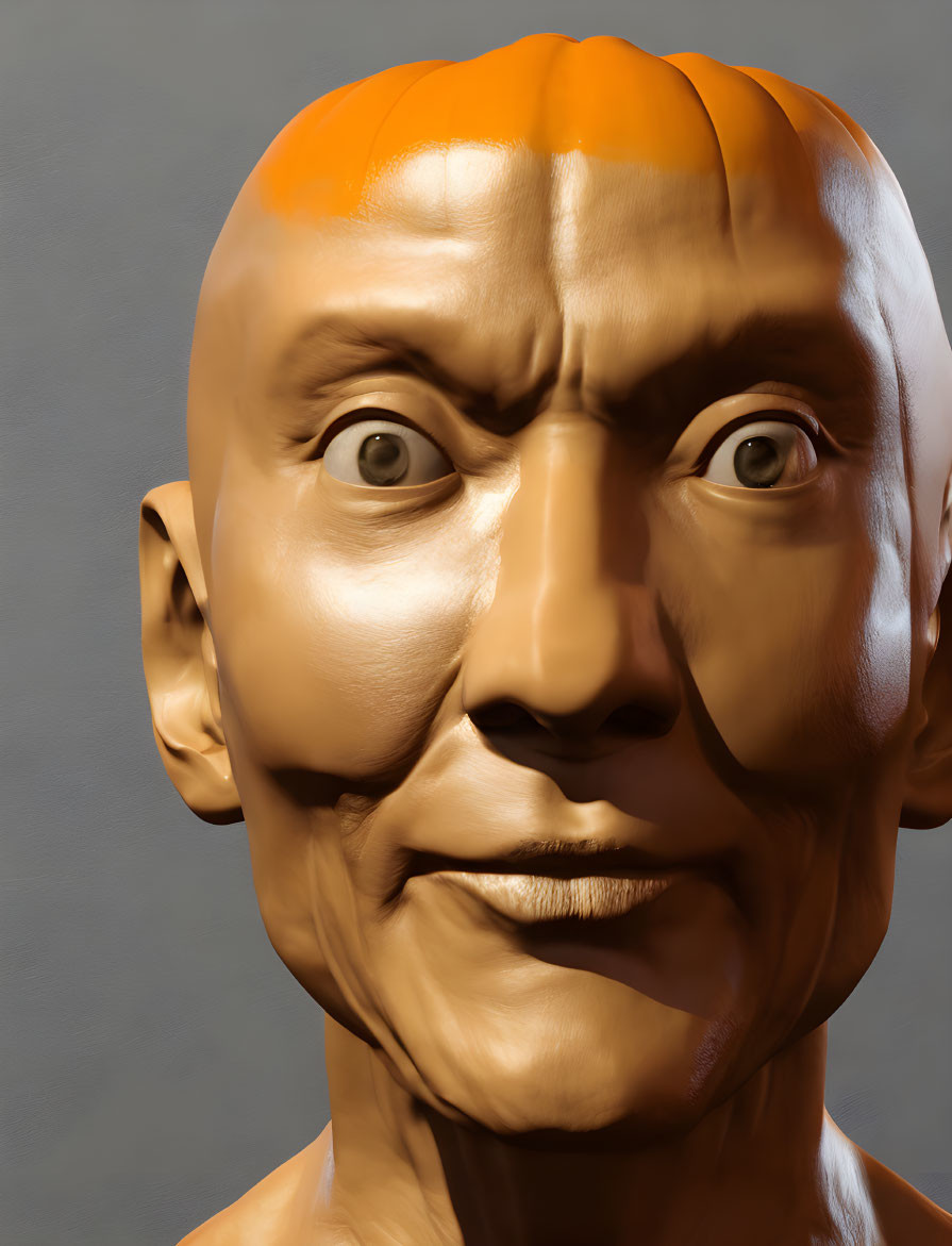 Bald humanoid figure with orange crown-like pattern and piercing eyes