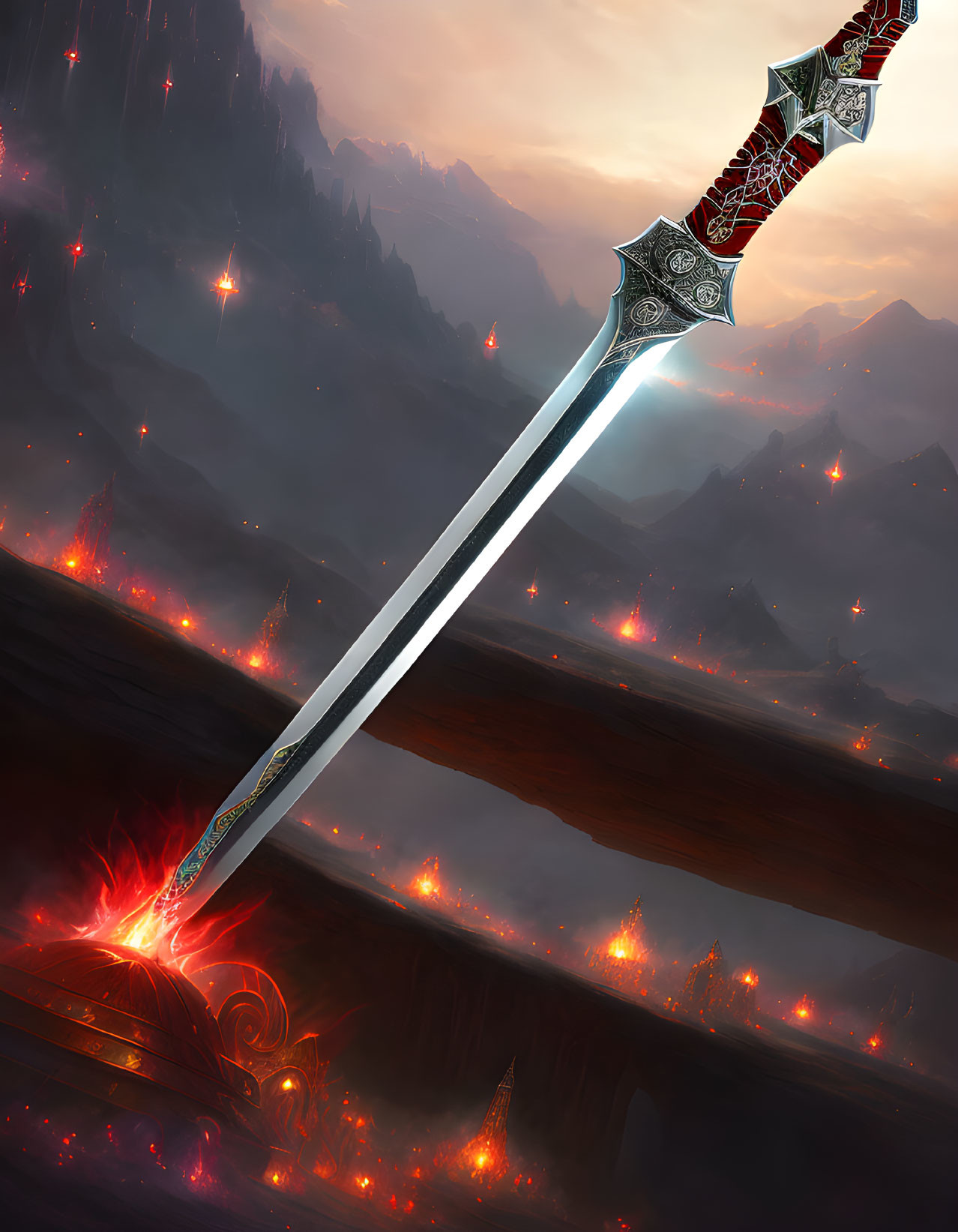 Intricate sword in stone amidst fiery landscape