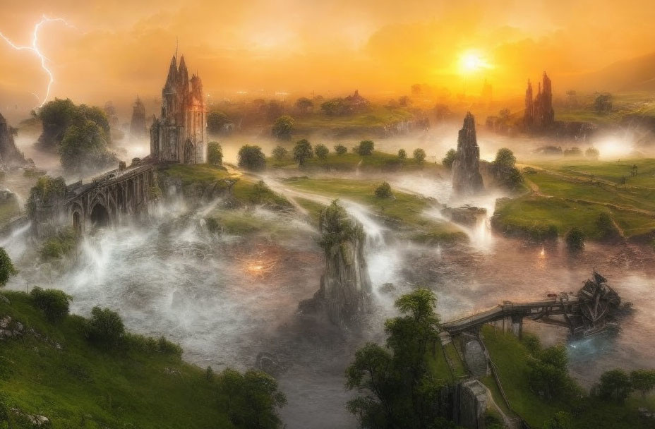 Fantasy landscape at sunset with castle, bridge, waterfalls, lightning strike in misty valley