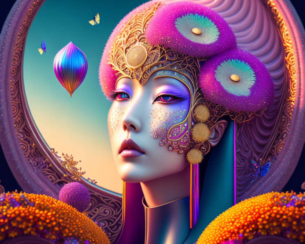 Colorful digital artwork: stylized woman with purple makeup and golden headdress, surrounded by whimsical