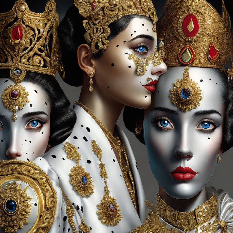 Three women adorned in ornate golden crowns and jeweled makeup in stylized portrait.