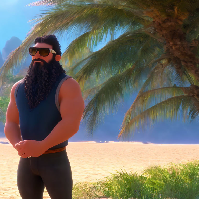 Bearded animated character with sunglasses on beach with palm trees