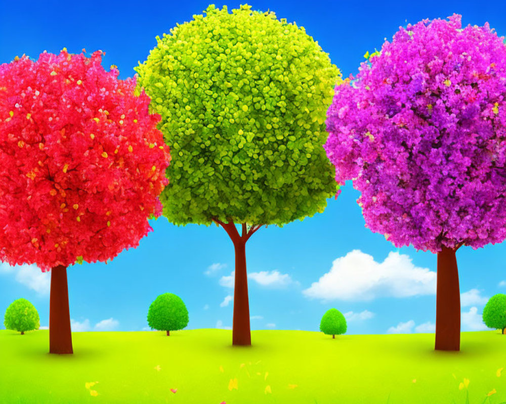 Colorful Trees in Stylized Meadow Under Blue Sky